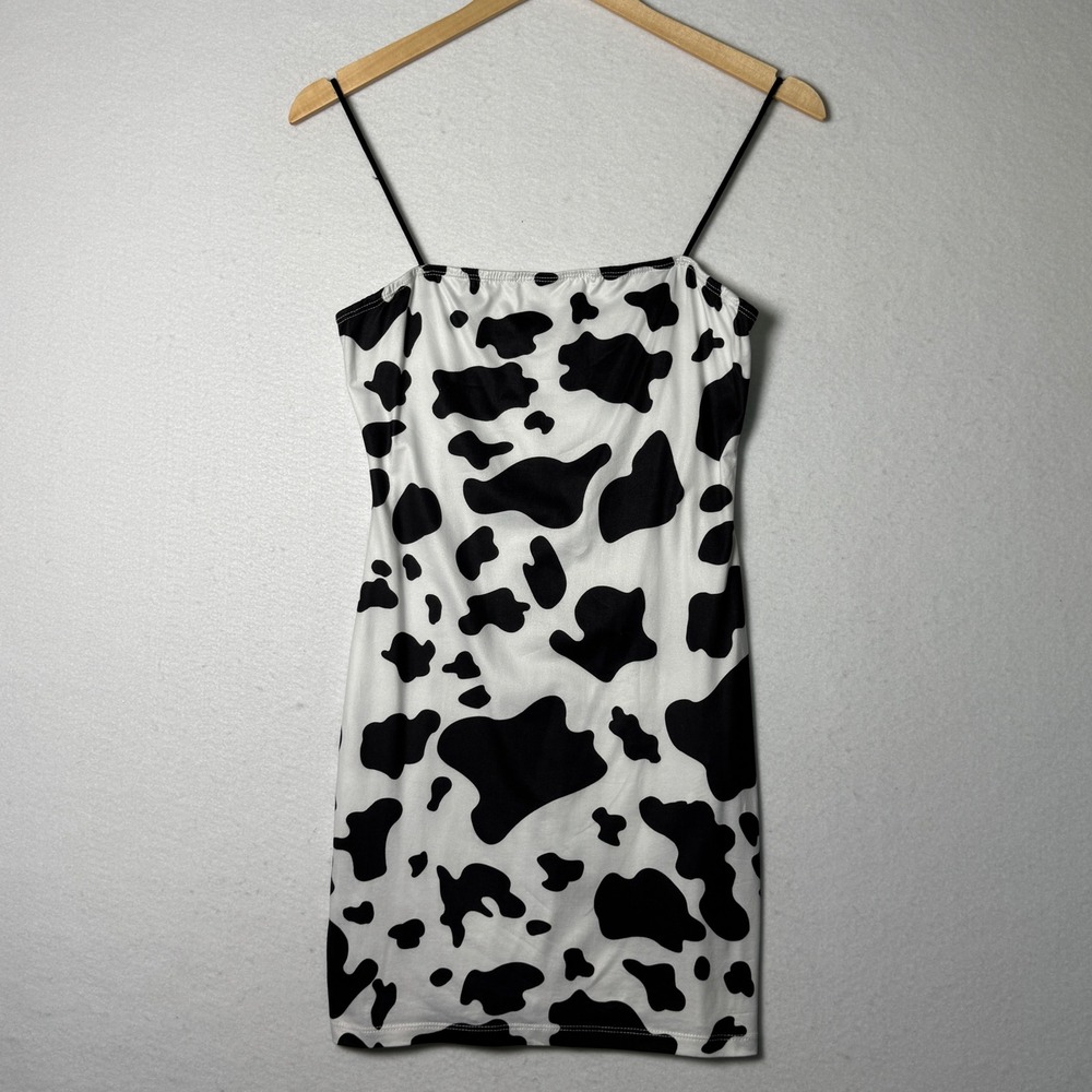 Cow Print Mini Dress Womens Size Small Y2K Spaghetti Strap Bodycon Trendy